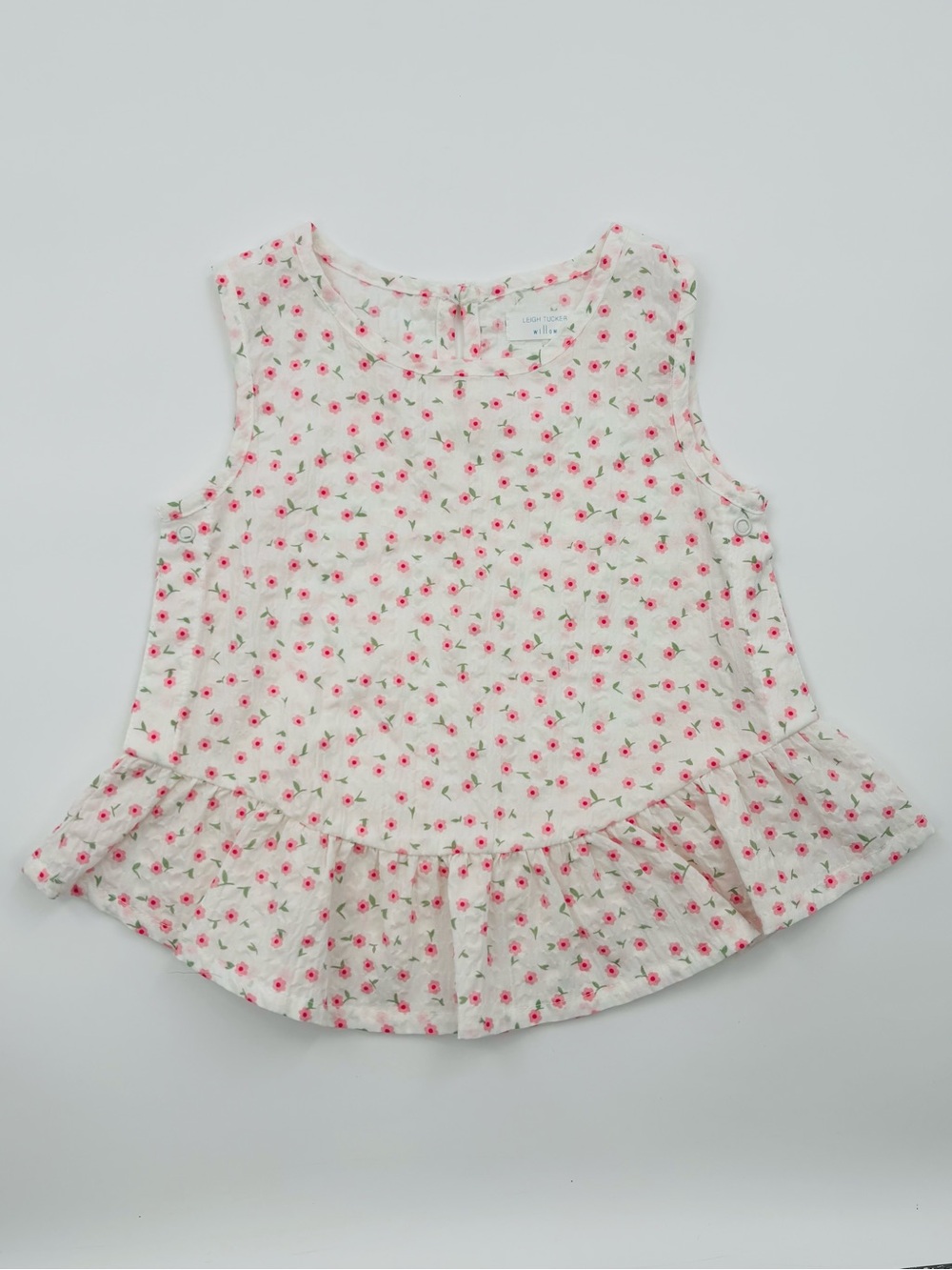 Leigh Tucker Willow Girls Top White Pink Floral Print 4-5Y Sleeveless Ruffle Hem